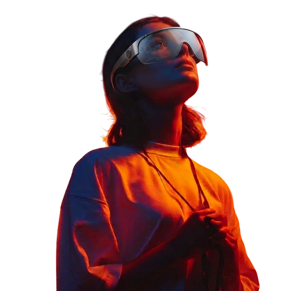 Sculptural portrait illuminated in cobalt blue and burnt orange